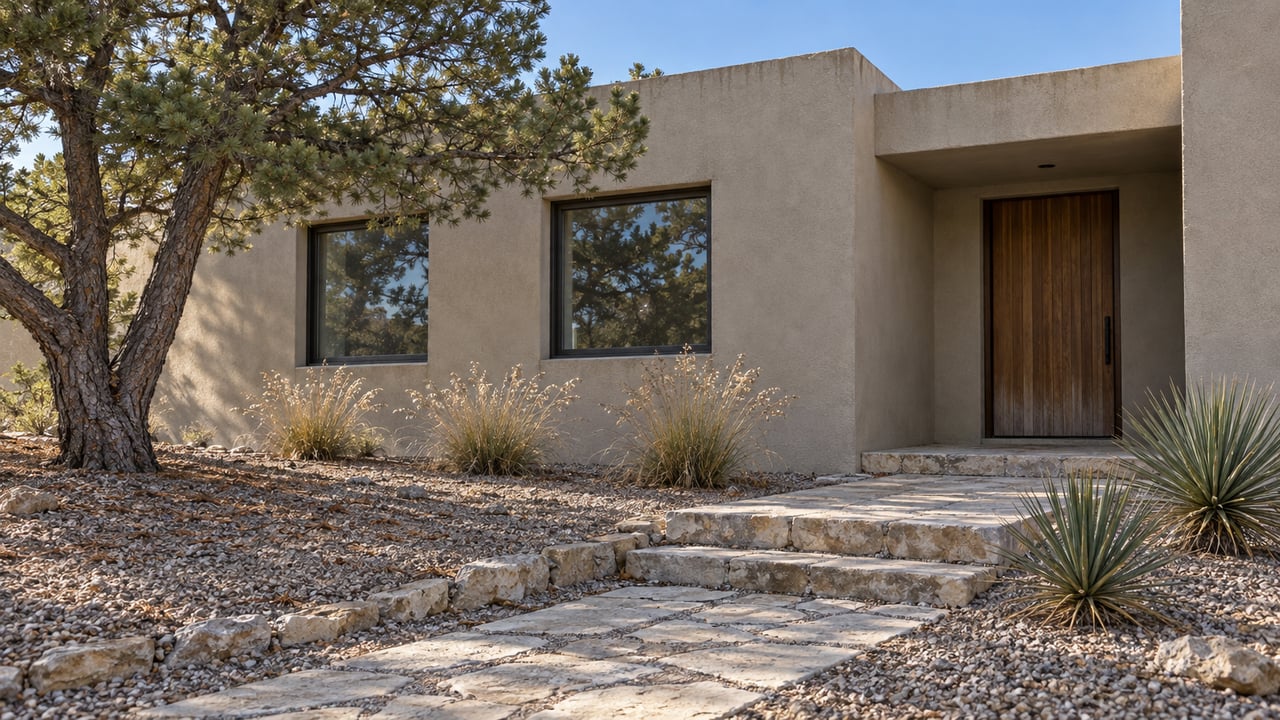 A low stucco home with deep-set windows, a recessed wood entry and limestone steps across a gravel garden beneath a mature pine.