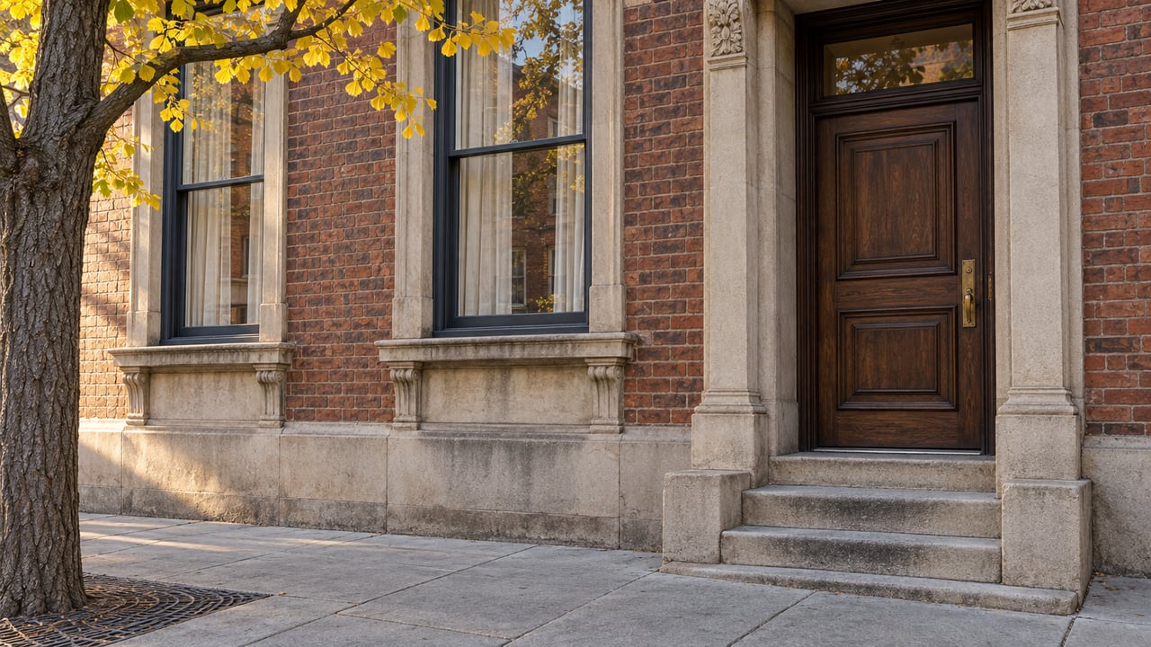 Historic brick residence with worn limestone steps, a dark paneled door, tall sash windows, and yellowing ginkgo leaves in afternoon light.