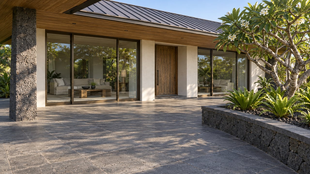 Broad basalt terrace beneath a wood-lined roof, facing glazed living rooms beside a lava-stone planter with a flowering plumeria.