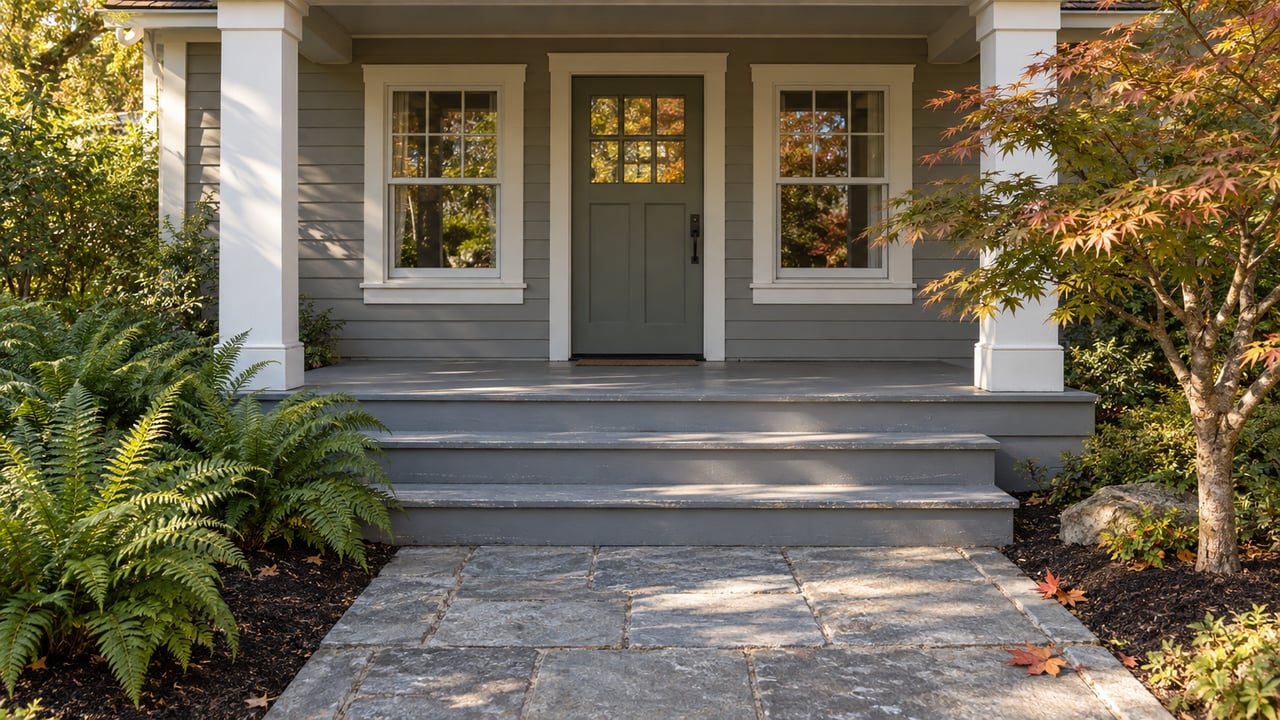 A shaded cottage porch with white posts, gray siding and broad steps opening onto a flagstone garden approach beside a maple and sword ferns.