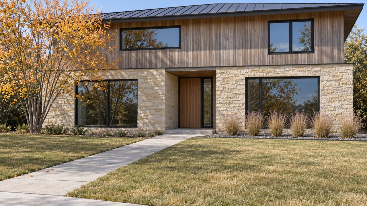 Contemporary stone-and-cedar home behind a deep lawn, with an autumn serviceberry beside the entry and a concrete front walk.