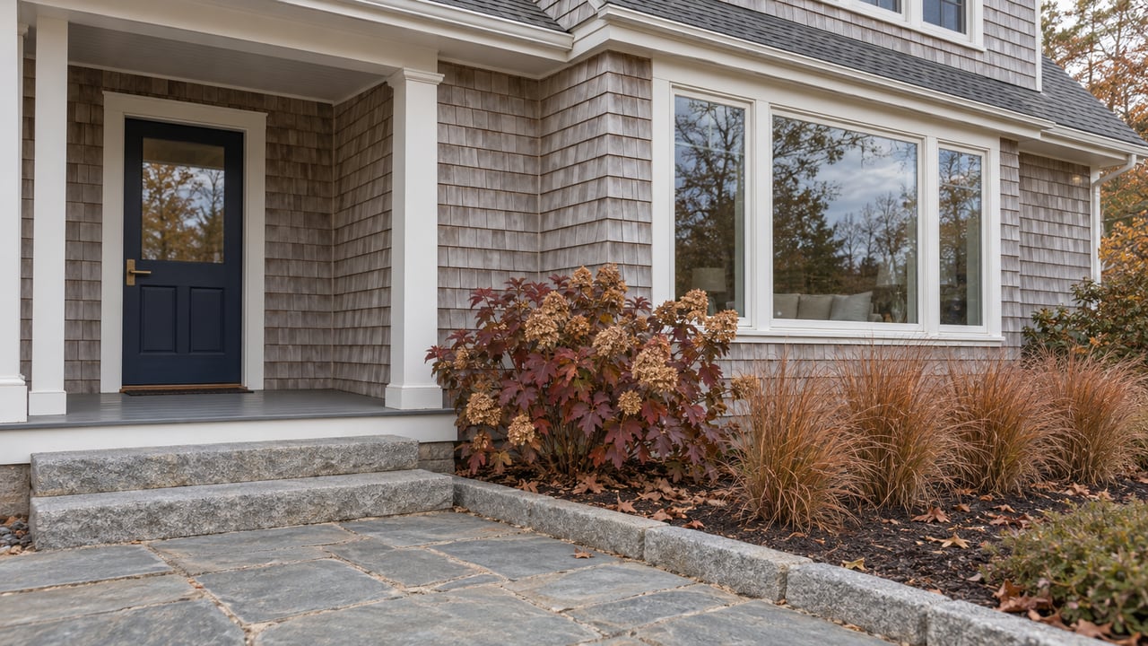 Weathered cedar-shingle home with a navy entry door, white-trimmed picture window, granite steps and autumn planting.