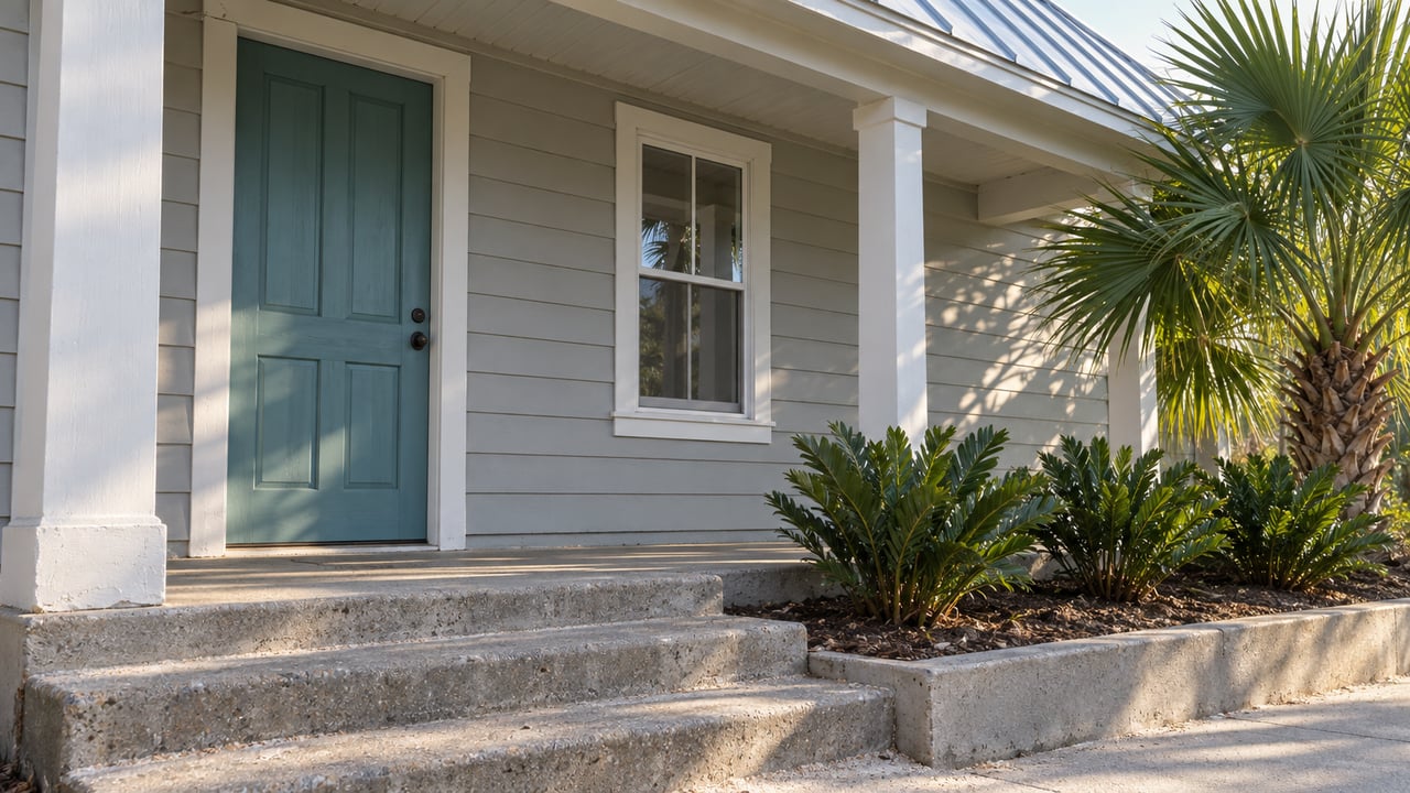 Coastal cottage porch with a teal door, white-framed window, concrete steps, and fan palms.