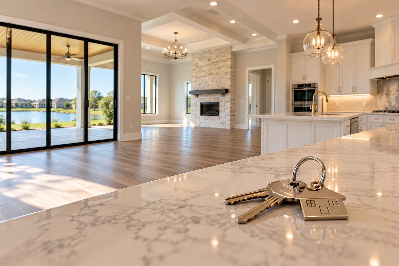 Open-plan kitchen with marble island, stone fireplace, lake view, and house keys in the foreground.