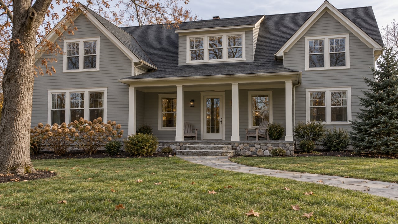 Gabled clapboard home across a deep late-autumn lawn, with a stone approach, covered rear porch and mature maple.
