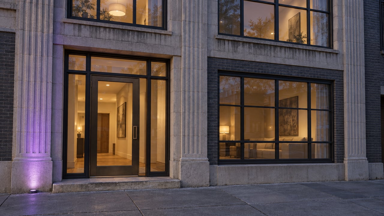 Blue-hour residential loft facade with fluted limestone, dark bronze windows, warm interior light and a violet-lit entrance pier.