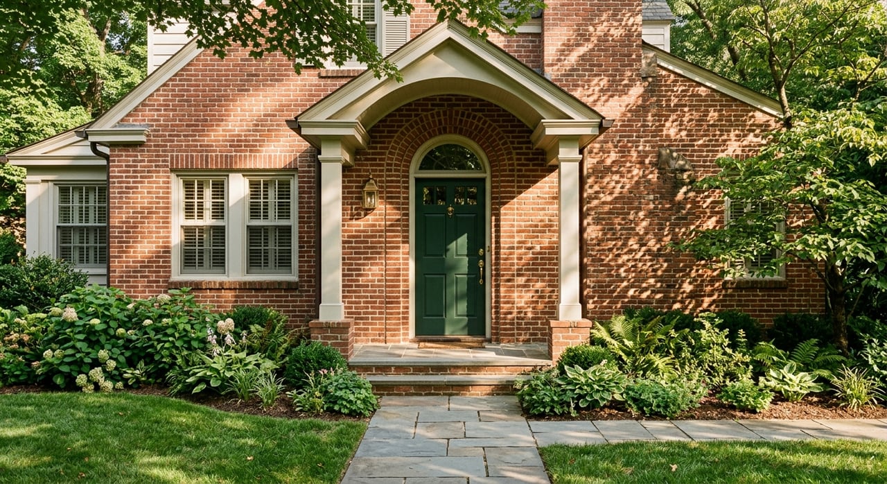 Aged red-brick cottage entry with an arched off-white door, bluestone steps, lanterns, and clipped shrubs.