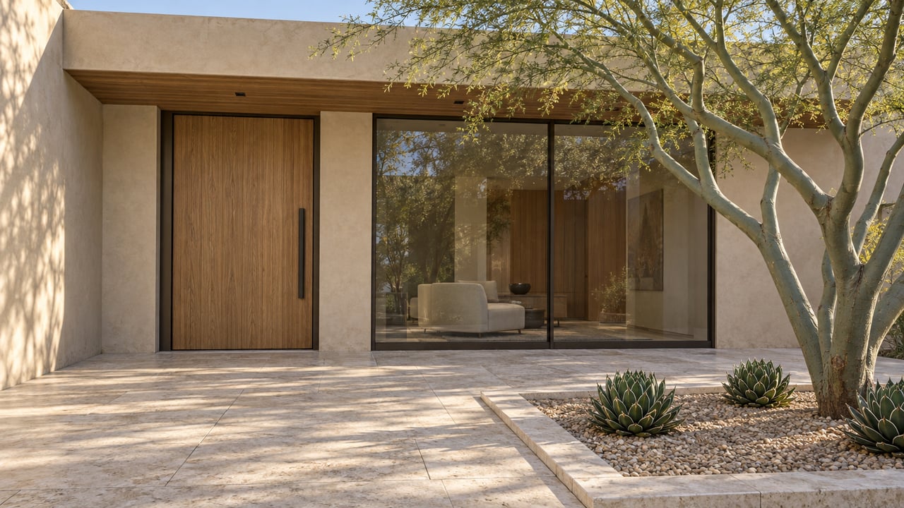 Desert-modern home entry with sand-colored stucco, an oak pivot door, limestone courtyard paving and a sculptural blue palo verde tree.