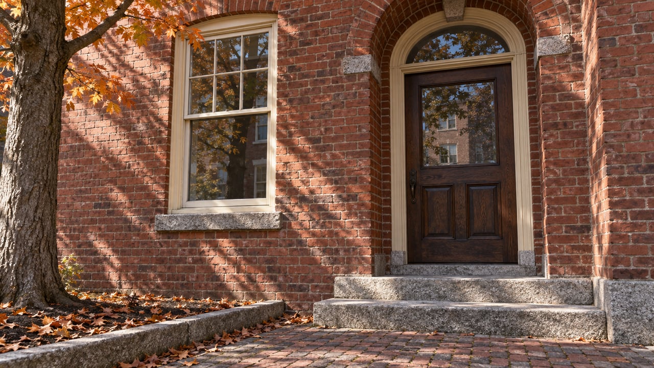 Brick home entrance with an arched wooden door, granite steps, and autumn leaves.