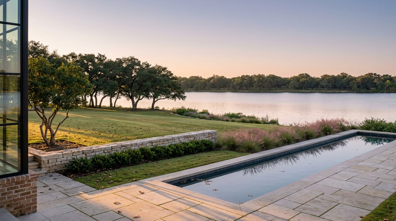 Limestone terrace and lap pool overlook a sloping lawn, still lake, and oak-lined far shore.