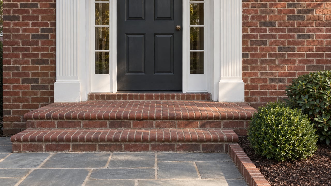 Brick home entrance with a dark paneled door, white columns, and broad brick steps.