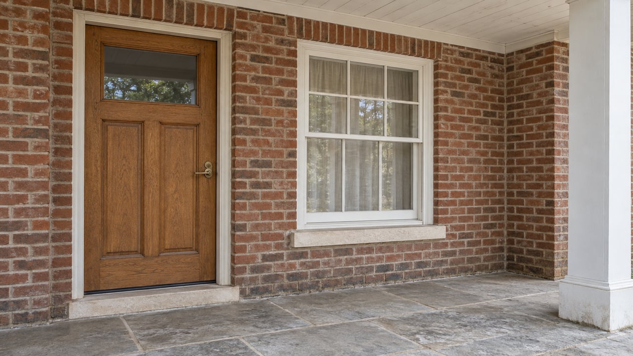 Brick home entrance with a paneled wooden door, white-trimmed window, and stone-paved porch.