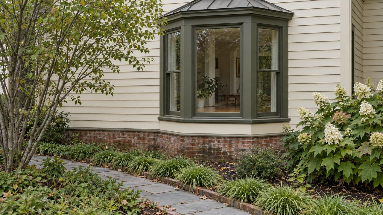 Ivory clapboard house with an olive-trimmed bay window, brick foundation, bluestone path, and garden.