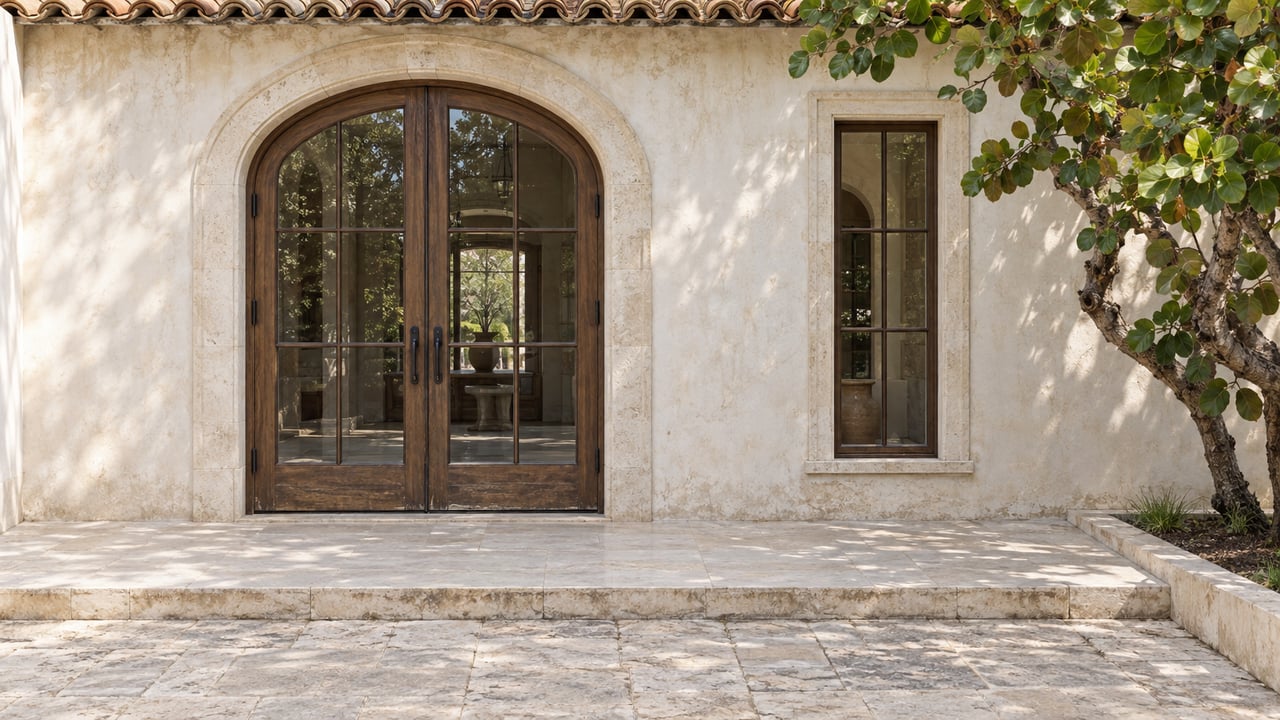 Historic villa entrance with arched glazed timber doors, limestone platform, and round-leaved tree at right.