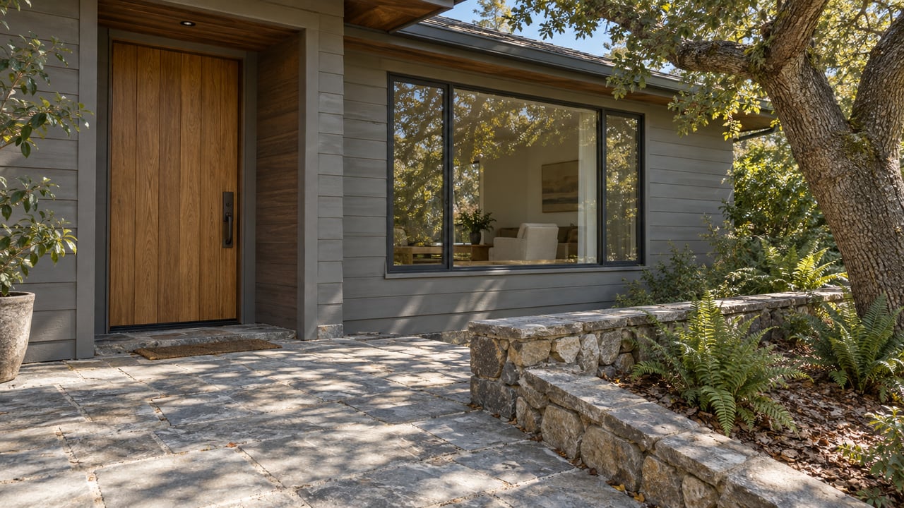 Wood-sided home entrance beside a broad living-room window, sandstone landing and oak-shaded garden held by a low stone retaining wall.