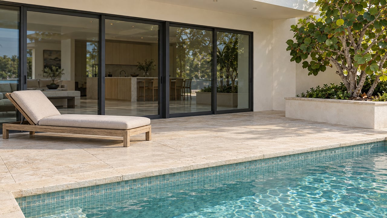 Pale limestone pool terrace beside a contemporary home, with dark-framed glass doors, a teak chaise and a sculptural sea grape tree.