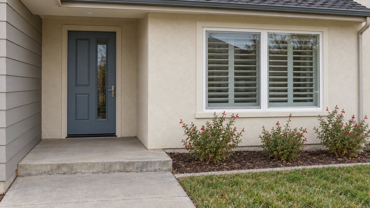 Cream stucco home entry with a blue-gray door, shuttered window, worn concrete step and red-flowering sage beside the lawn.