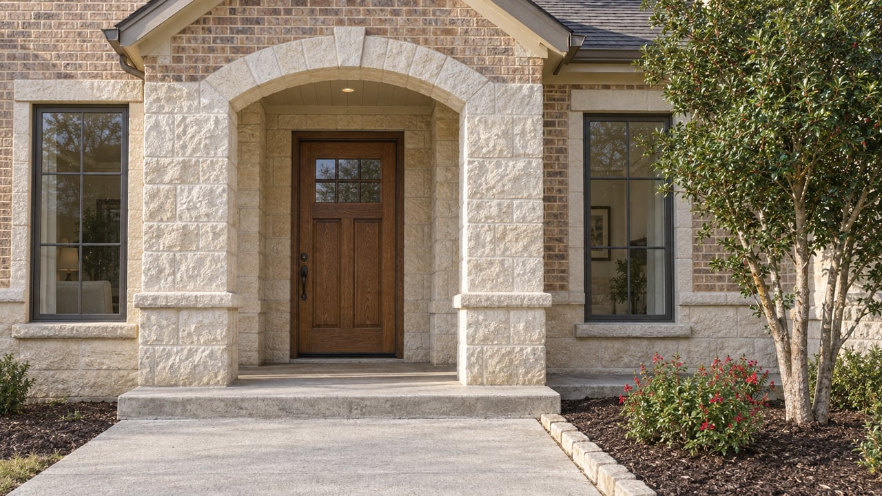 Sunlit limestone arch framing an oak front door, flanked by tall windows above a gently worn concrete porch.