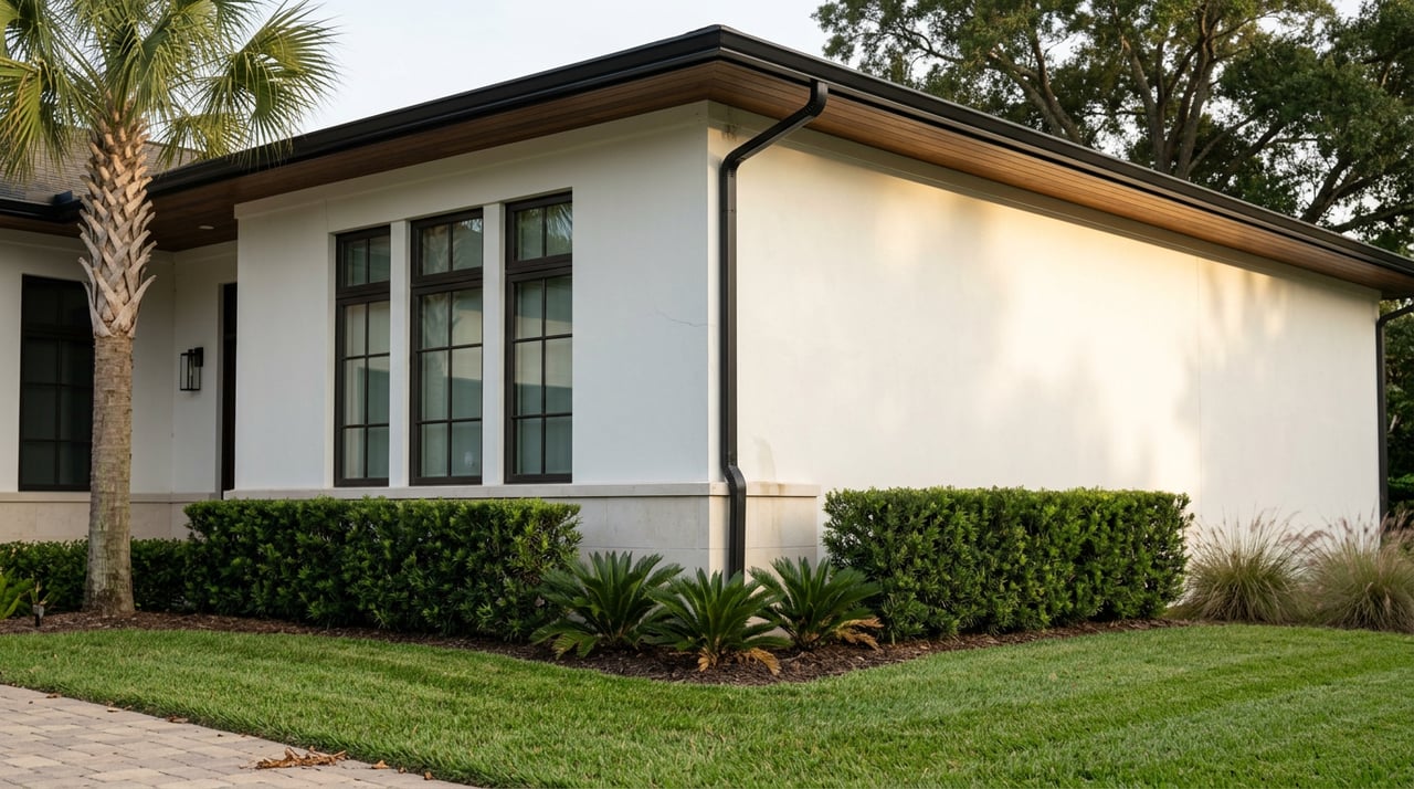 White stucco home corner with a dark-framed window, limestone base, wood soffit, and clipped hedges.