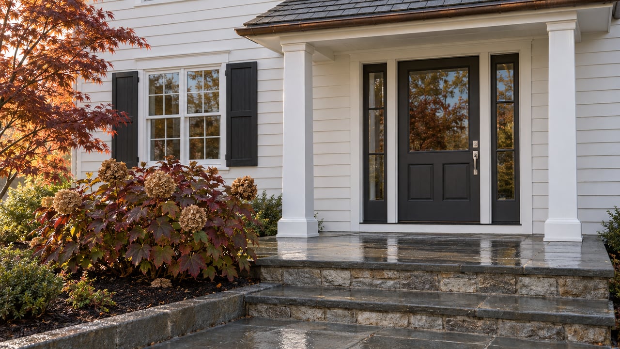 White clapboard home with a charcoal front door, paired sidelights, wet bluestone steps and burgundy autumn planting.