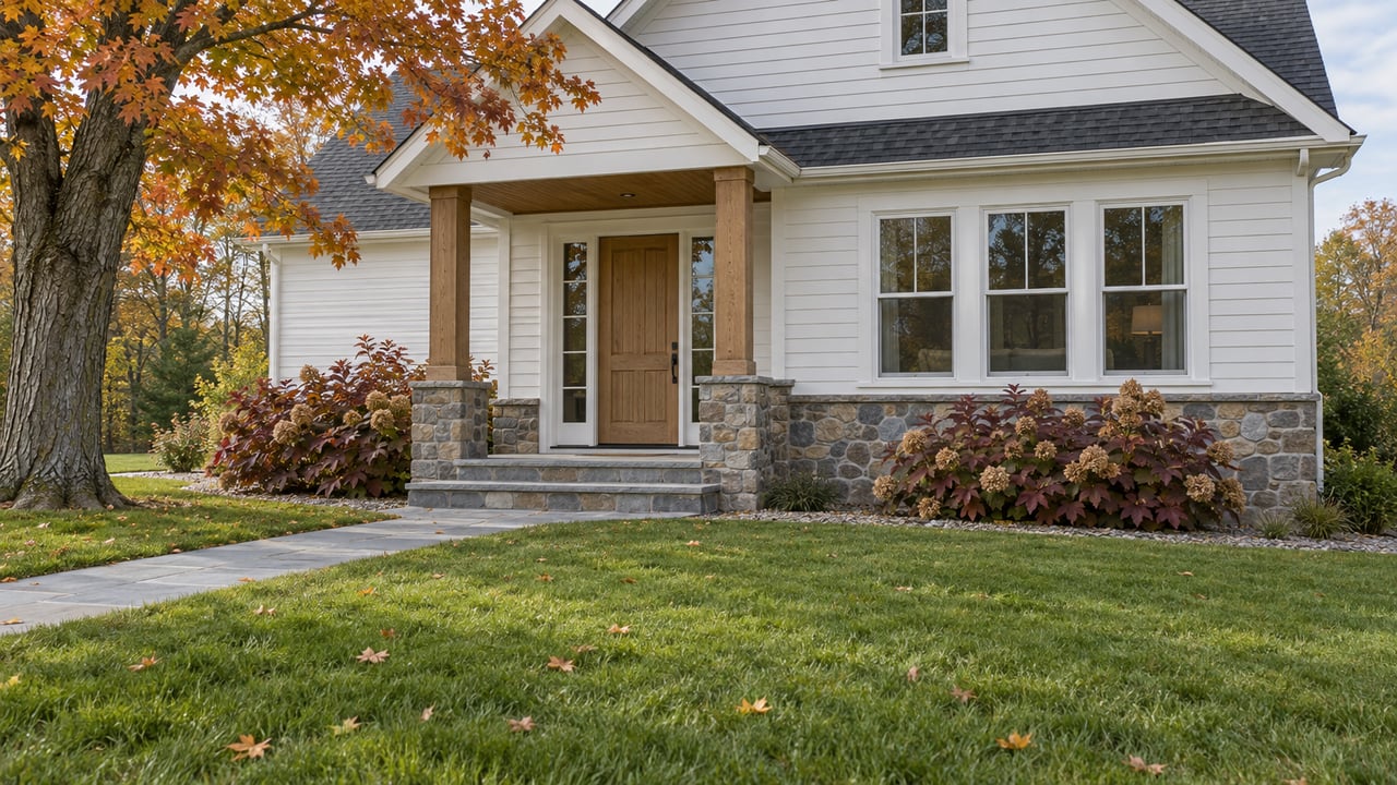 Gabled warm-white house with an oak-post porch, fieldstone foundation and bluestone approach across an autumn lawn beneath a sugar maple.