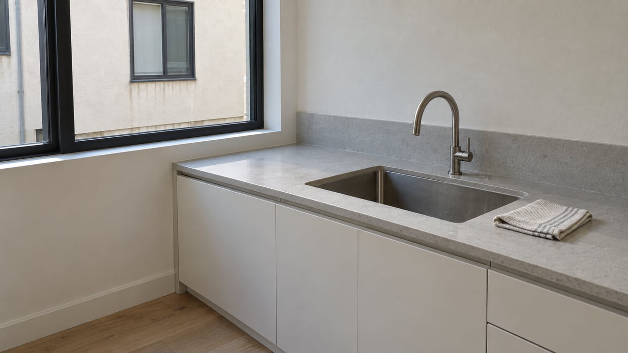 Compact kitchen with off-white cabinets, a steel sink, and a window facing a neighboring stucco house.