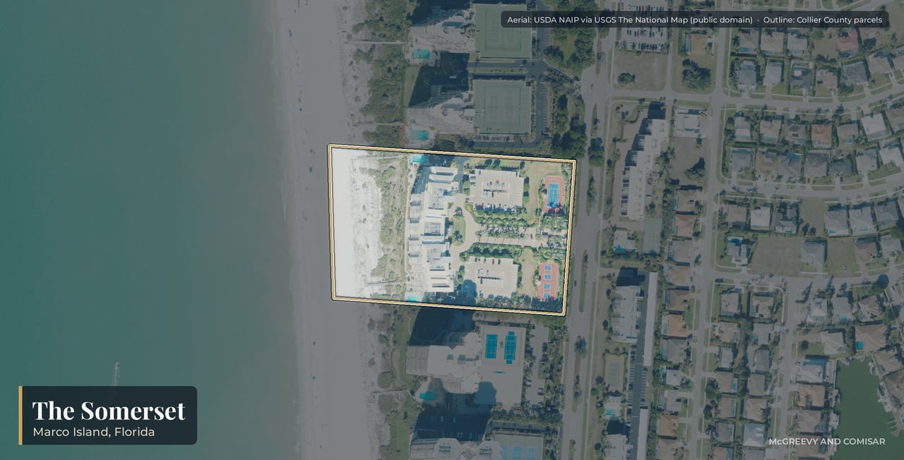 Aerial view of The Somerset on Marco Island, Florida, the 1990 beachfront tower at 780 South Collier Boulevard between Sandcastle and Marbelle Club