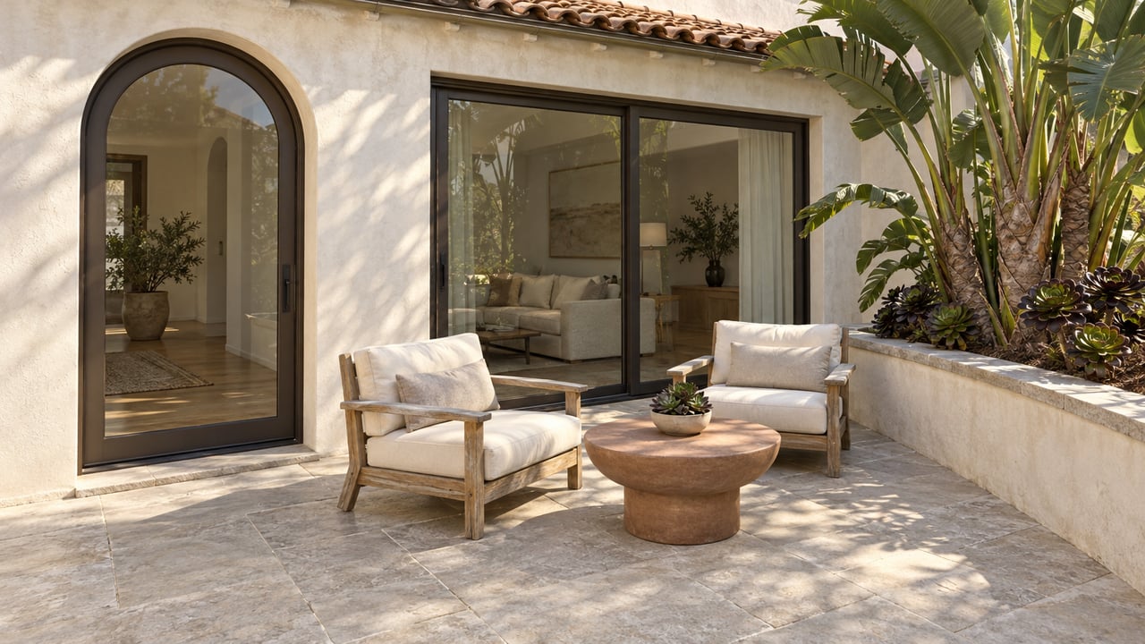Sunlit limestone terrace with two teak lounge chairs, ivory stucco walls, clay roof tiles and bronze-framed glass doors beside a raised succulent planter.