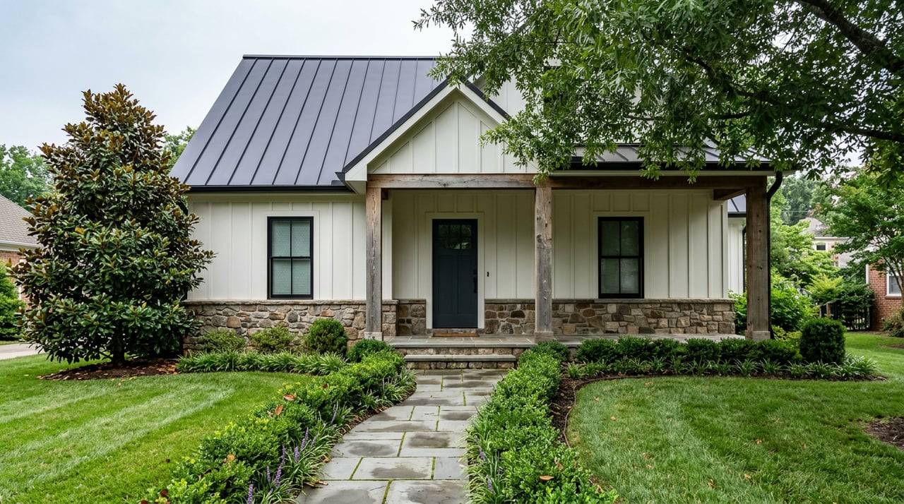 Modern farmhouse entry with white siding, fieldstone base, dark metal roof, and a bluestone path through manicured lawn.