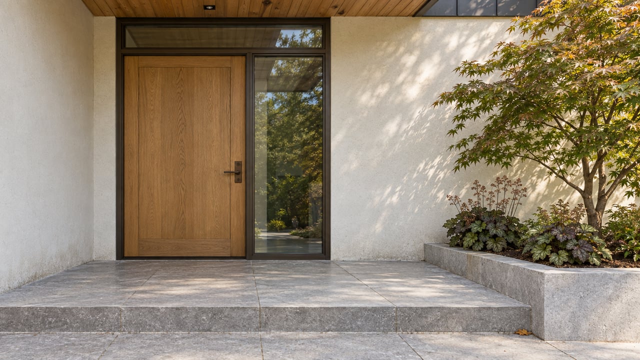 Modern home entrance with a wood front door, broad stone steps, and a raised planter.