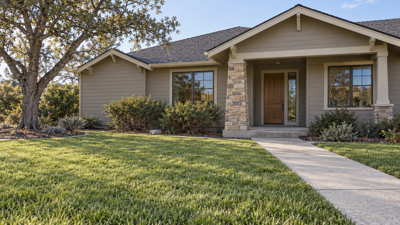 A stone-accented home with layered pitched roofs sits behind a broad green lawn, a concrete approach and a mature oak.