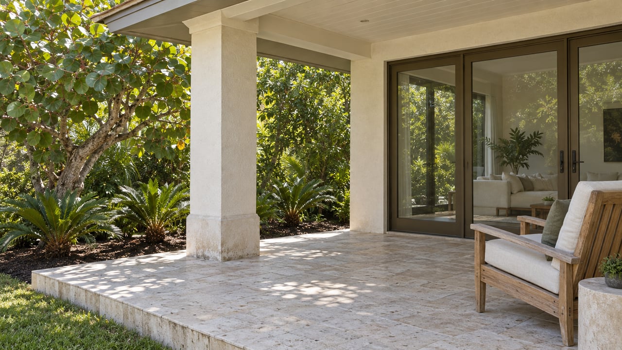 Ivory stucco coastal home's shaded limestone porch with closed bronze-framed glass doors, a weathered teak chair and sea grape canopy.
