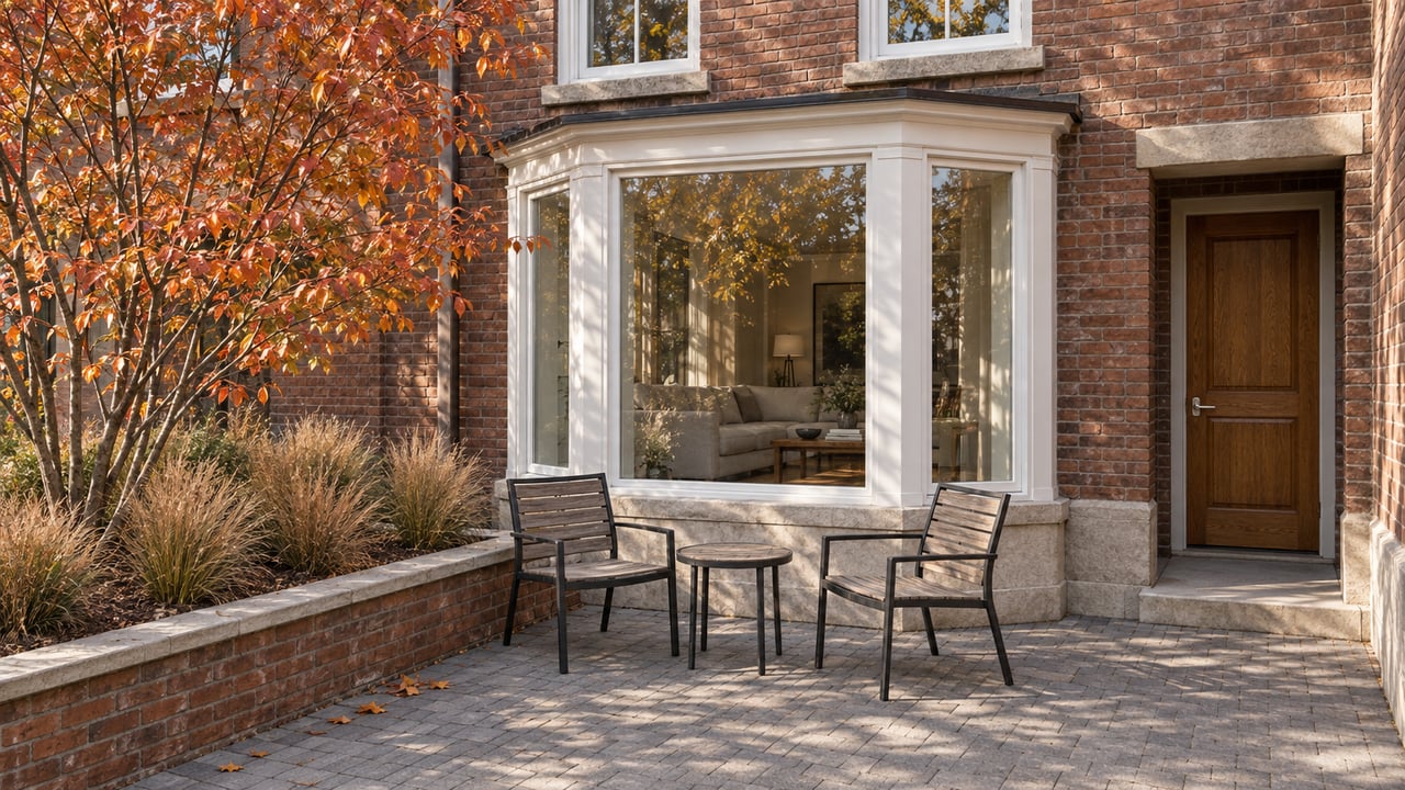 Brick home with a white bay window and a patio seating area beneath autumn foliage.