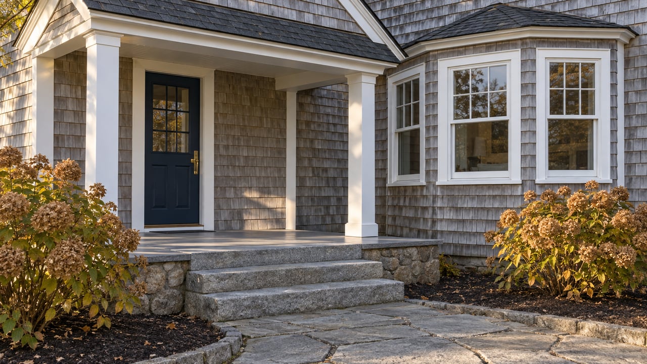 Weathered cedar-shingle home with a covered blue-door entry, white-trimmed bay windows, granite steps and dried hydrangea flowers in autumn light.