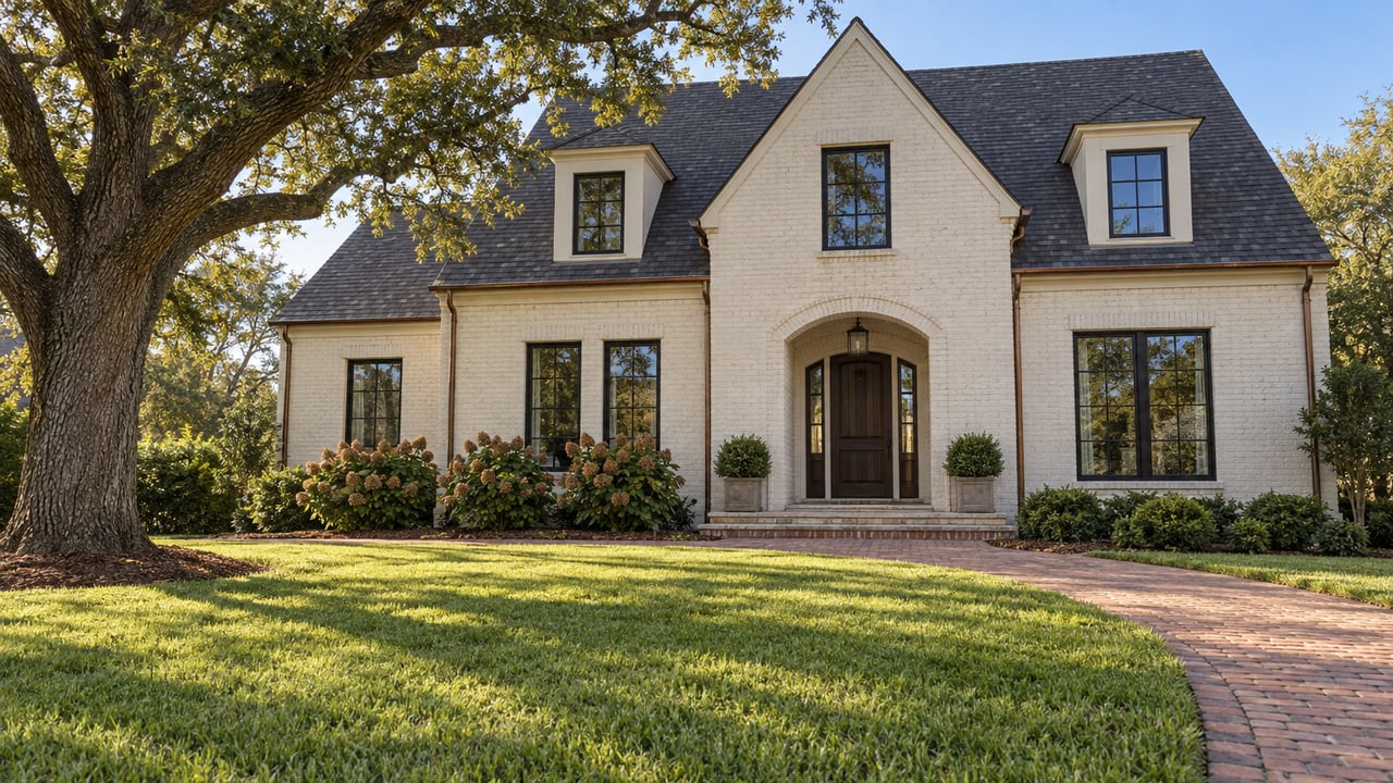Cream-painted brick home with gabled roof and arched oak entry beyond a deep lawn, brick approach and mature live oak.