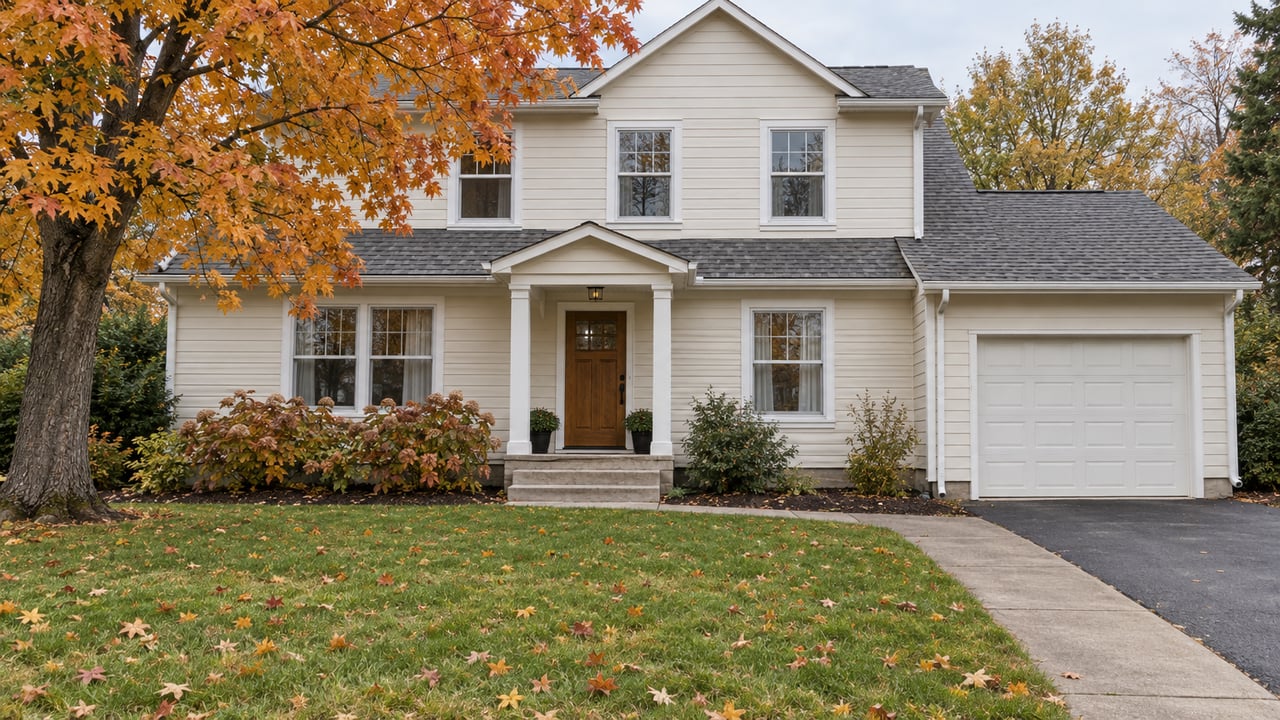 Ivory clapboard home with a deep autumn lawn, covered entry, attached garage and mature maple.