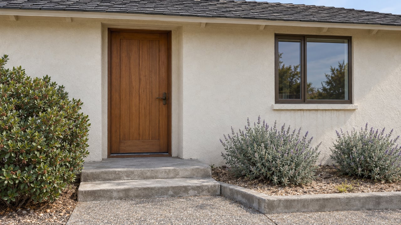 Coastal home entrance with a honey-brown timber door, concrete steps, and shrubs in gravel mulch.