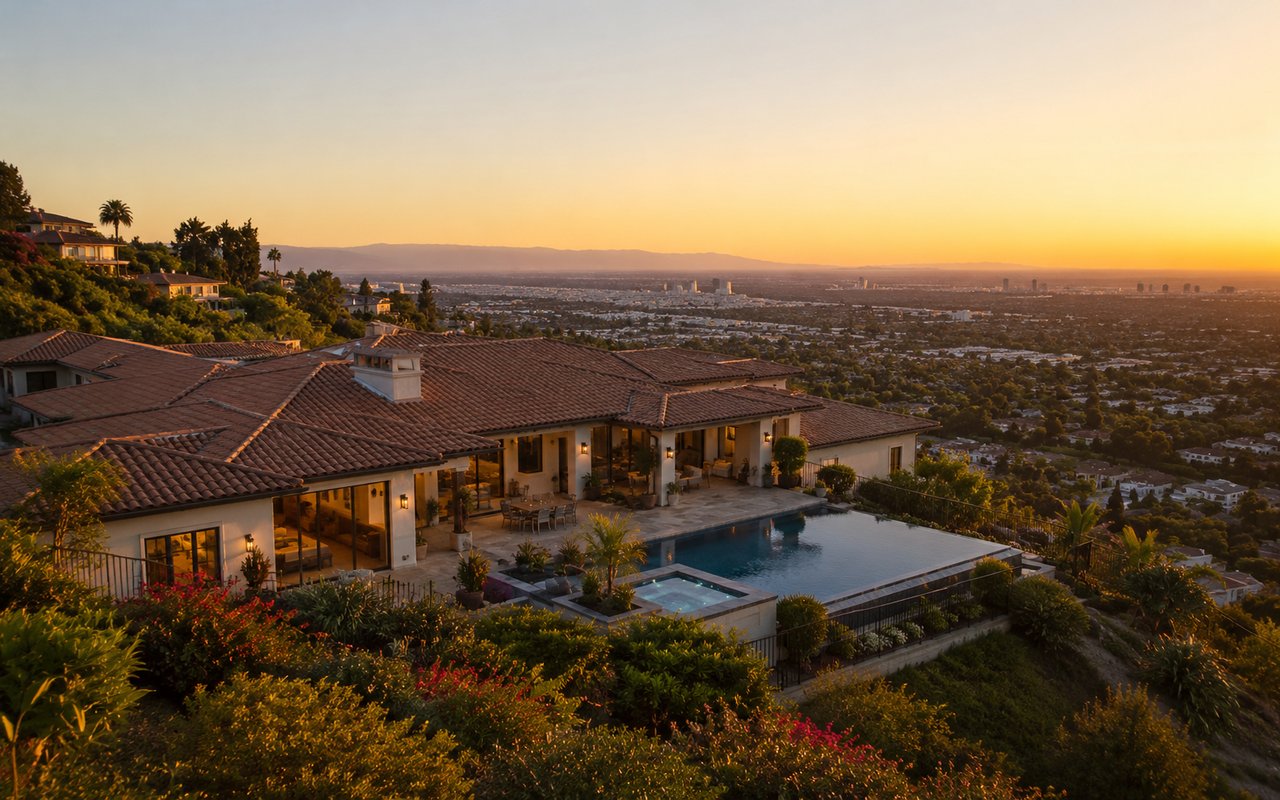 Upscale hillside homes in Encino Hills, San Fernando Valley, Los Angeles