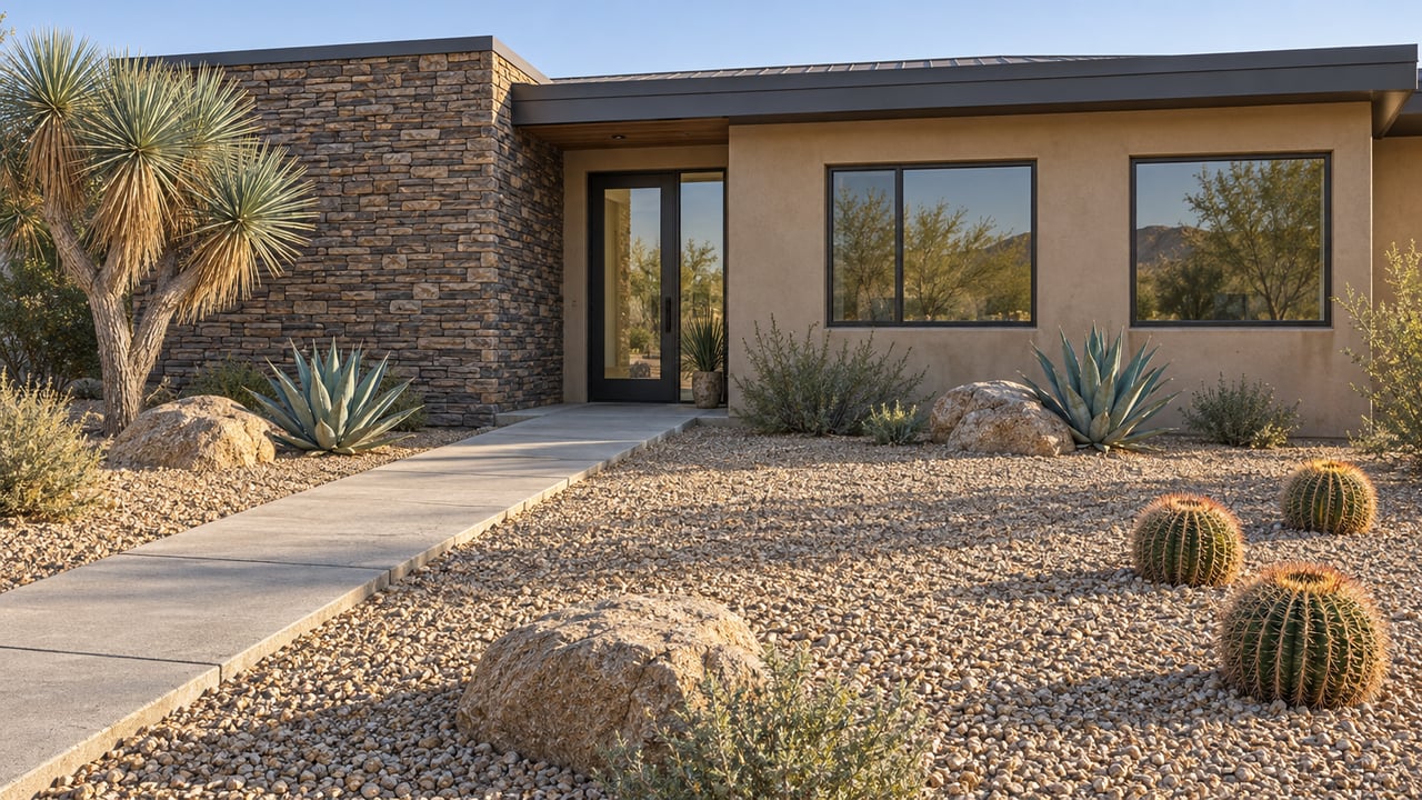 Low stucco and stacked-stone home beyond a broad gravel forecourt with sculptural yucca, agaves and barrel cacti.