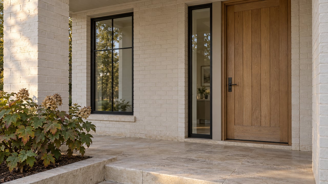 Sheltered painted-brick entry with an oak door, black-framed glazing, limestone paving and an oakleaf hydrangea.