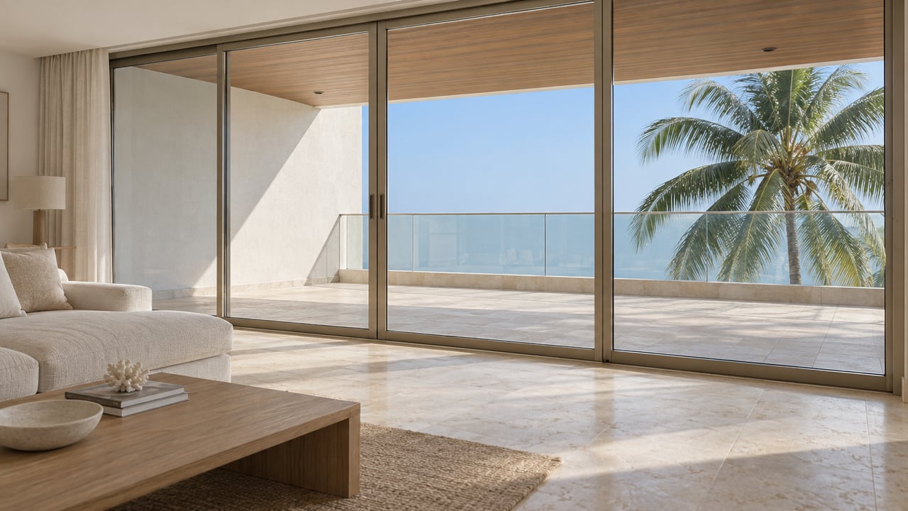 Condominium living room with a woven sofa, oak coffee table, and closed glass doors opening onto a terrace with a palm.