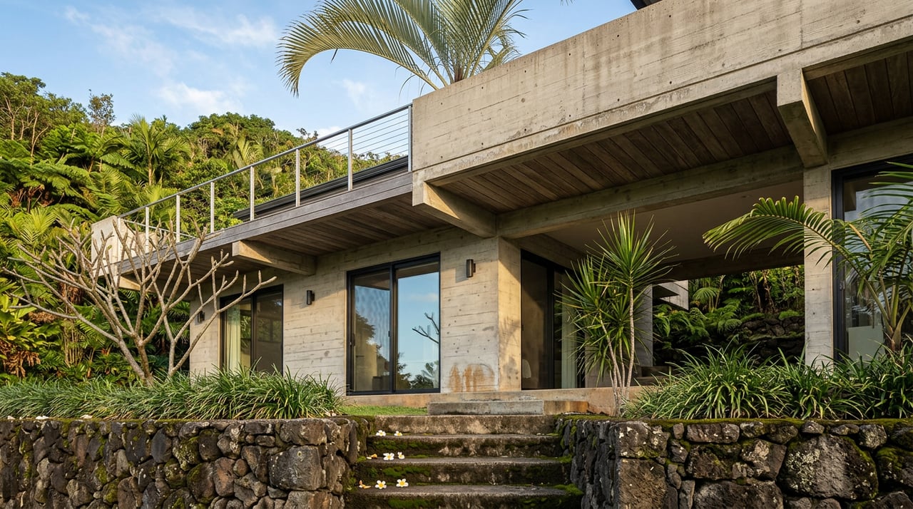 Concrete hillside residence with black-framed glass doors, a cantilevered wood lanai, stone steps, and tropical plants.