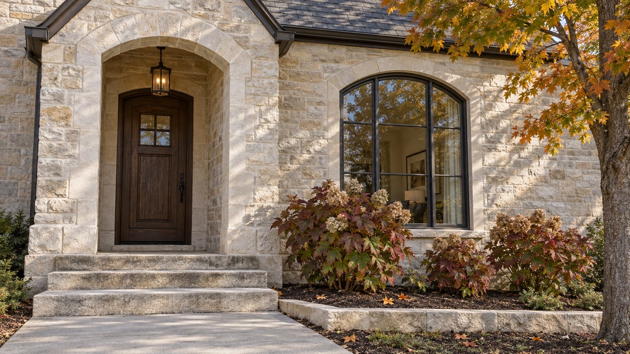 A recessed oak doorway and arched window in a pale limestone home, above broad stone steps beside autumn hydrangeas and a maple tree.