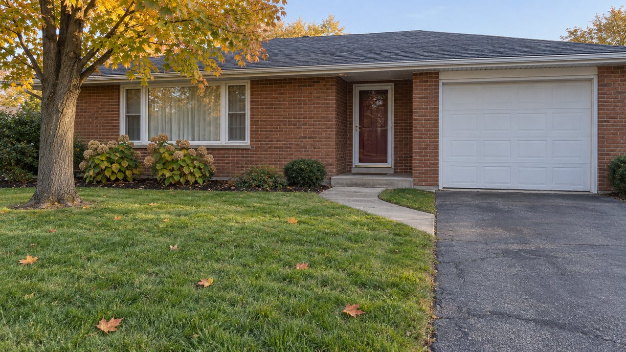 Autumn light falls across a red-brown brick ranch, its front lawn, concrete walkway and attached white garage.