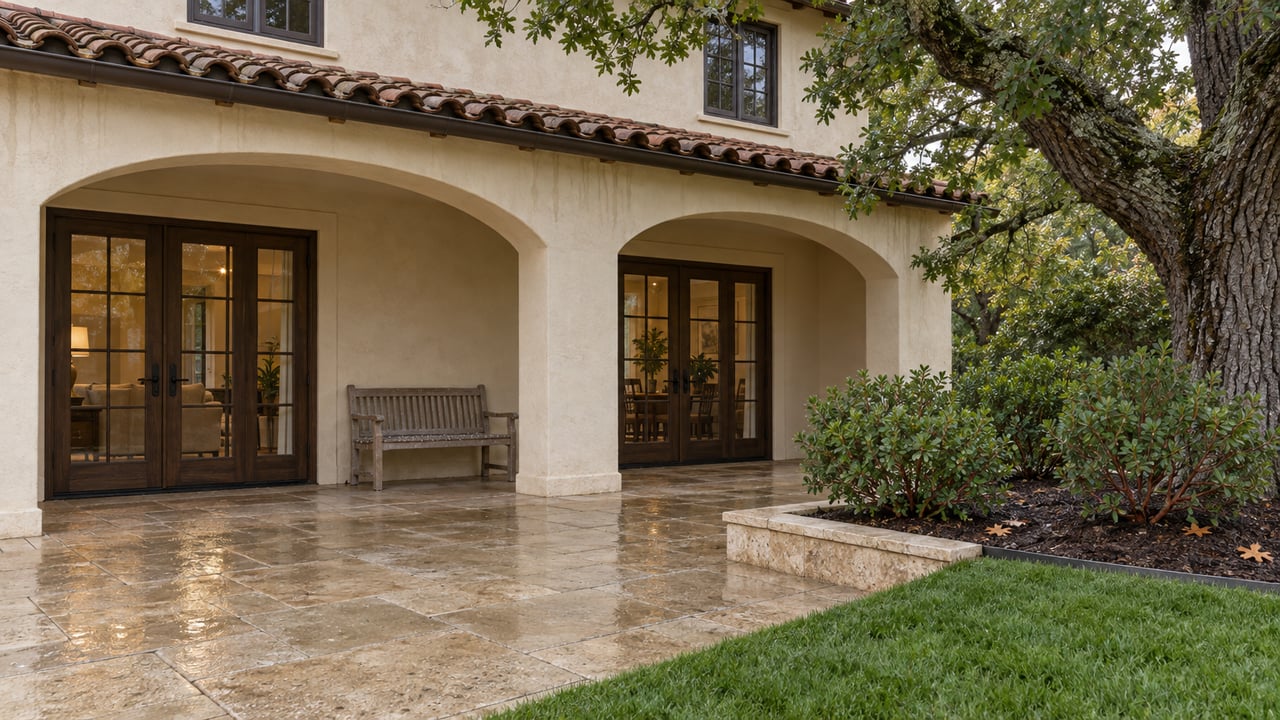 Rain-darkened limestone terrace beside an ivory stucco home with arched openings, glazed wood doors, a teak bench and a mature oak.