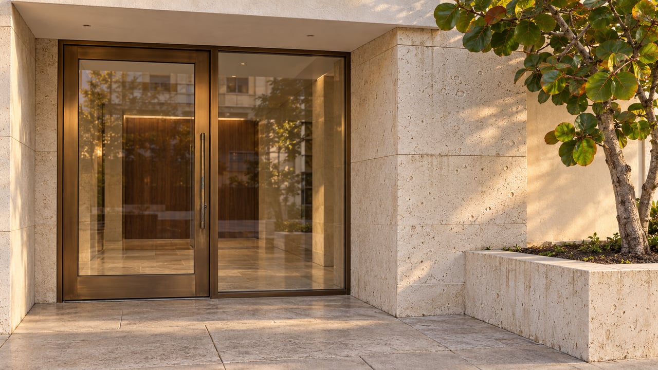 Bronze-framed condominium entrance recessed beneath a pale canopy, with textured limestone walls and a sea grape specimen in a raised stone planter.