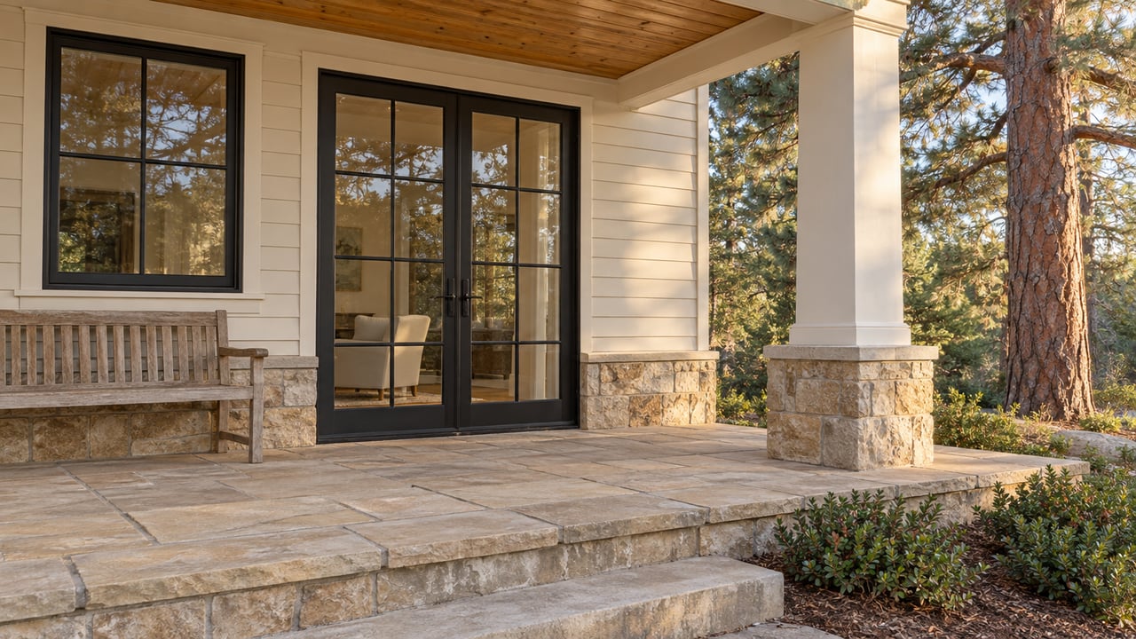 Covered terrace with cream siding, black grid-pane doors, a timber ceiling, sandstone paving and a mature pine beside a raised stone edge.
