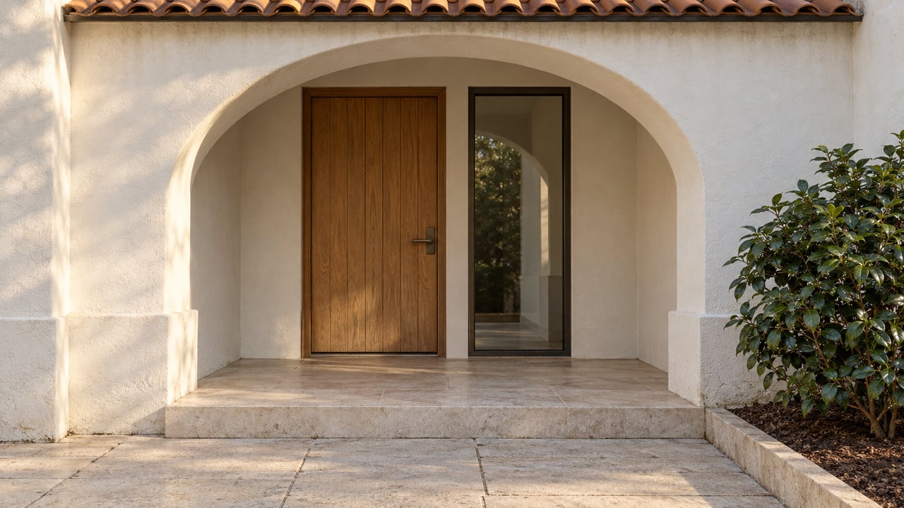 White stucco arched entry with a recessed oak door, bronze-framed glass, terracotta roof tiles and limestone steps beside a camellia shrub.