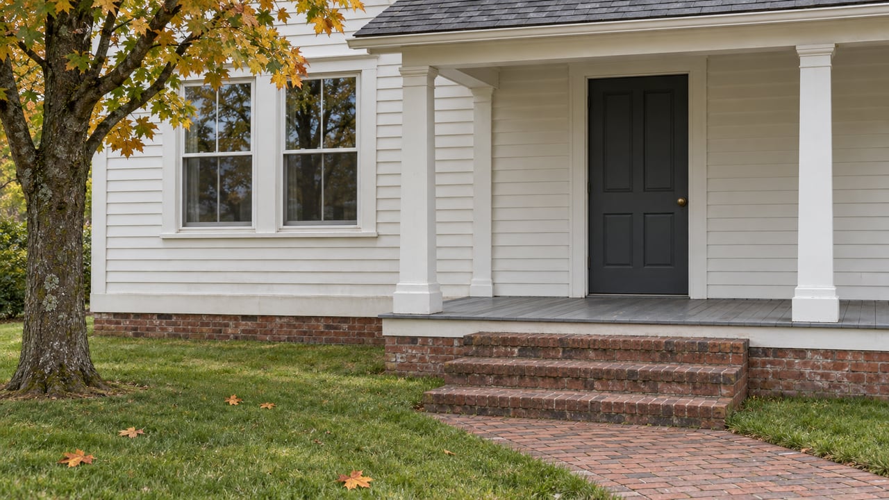 White-sided house entrance with black door, brick steps, and autumn leaves.