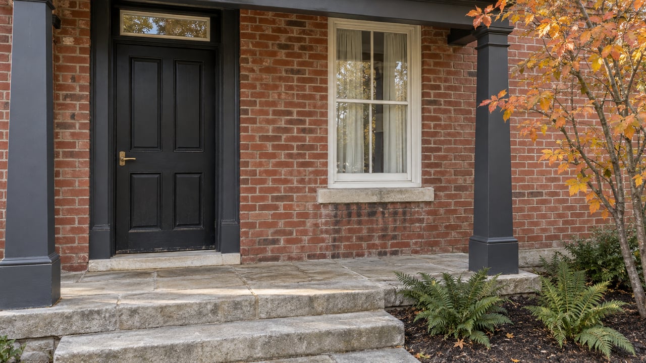 Red-brick home entry with a black timber door, white-trimmed window, limestone porch and orange serviceberry foliage.